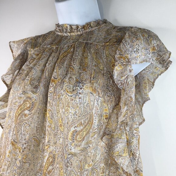 JOIE GLITTER PAISLEY RUFFLE MOCK NECK FLUTTER SHORT SLEEVE BLOUSE Size M - Picture 3 of 9